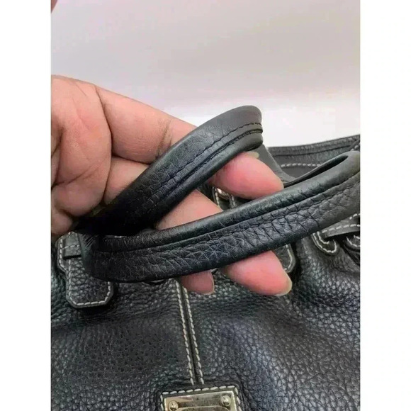 Dooney And Bourke Black Leather Handbag Gold Hardware Double Handle White Stitch - Picture 4 of 7